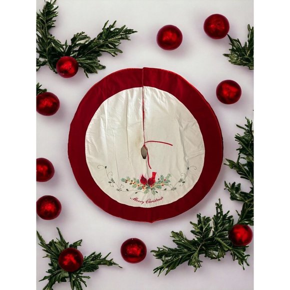 48 Inch Christmas Tree Skirt, Red White Tree Skirt with Cardinals & Holly READ - Picture 1 of 10